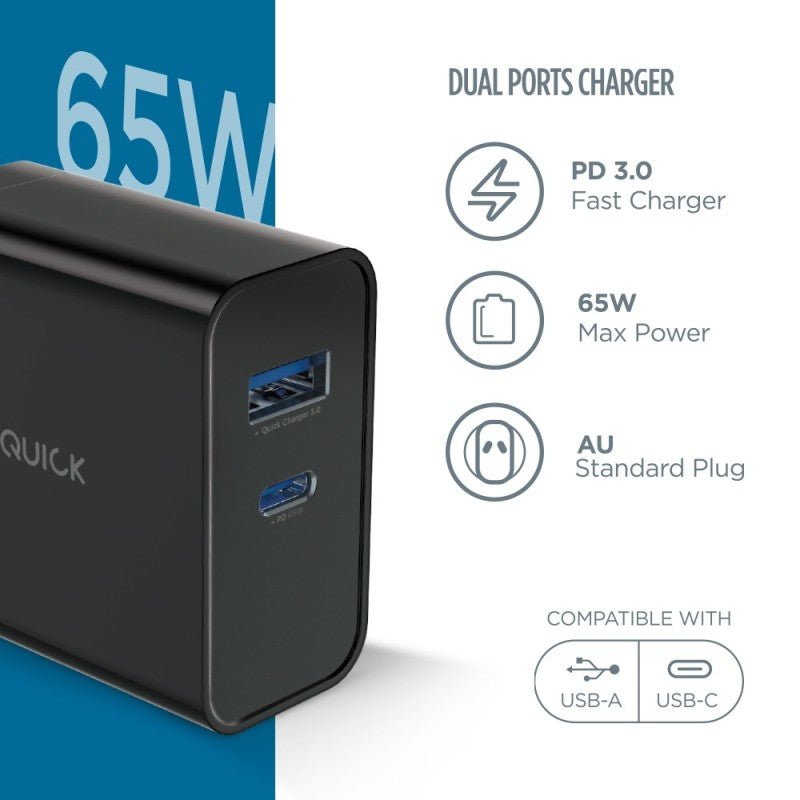 iQuick 65W Dual Port Power Adapter (Wall Plug) - Fusion Phones